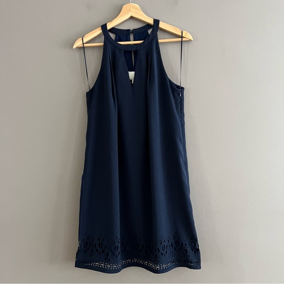 Greylin Dresses & Skirts - Greylin Melissa  Laser Cut Deep Navy Blue Halter Shift Mini Dress Preppy Sz M